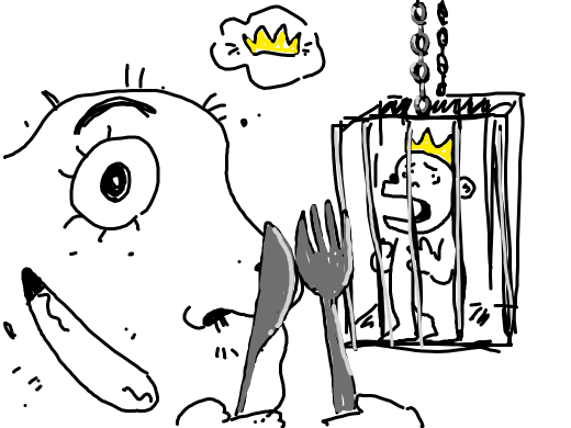 The big ugly monster can't wait to become queen by devouring a caged royal family