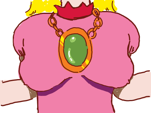 A very close close up of princess peaches necklace, its a green circle with gold around it. A gold chain too.