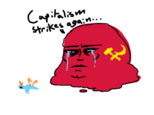 A communist blob is looking at a broken bird house.