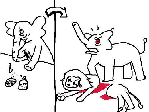 drugged up elephant goes on a rage and rips a lion in half from the middle