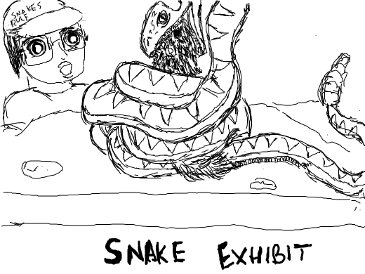 boy looking at snake eating a rat