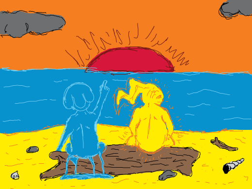 A beautiful drawing of a water spirit and a lightning spirit awkwardly sitting next to each other, trippin' while they watch the sunset.