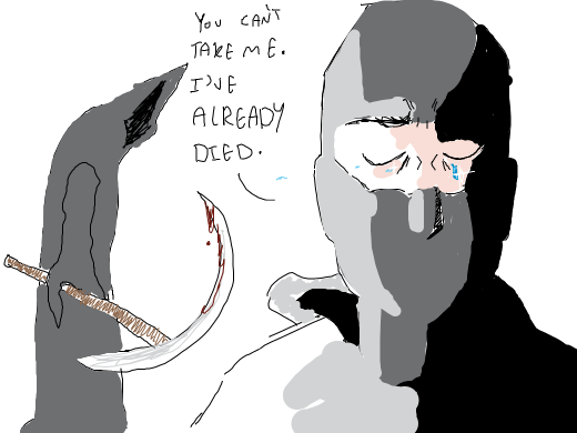 The robber says the Grim Reaper can't take him. He's already died once.