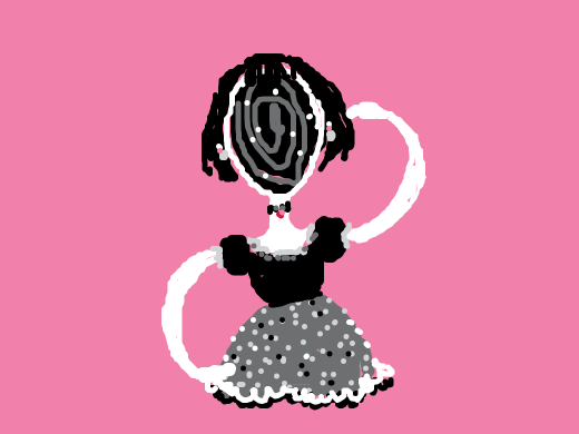 no legged female figure in grey and black dress, black hair, maybe dancing. Her face is a dark void.