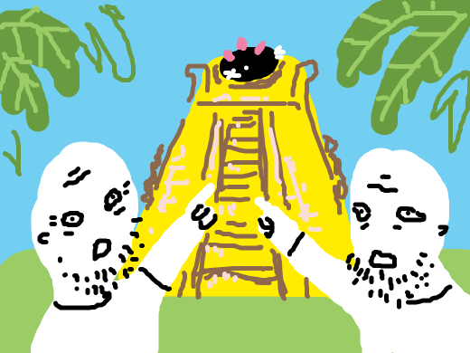 wojacks find a pyukumuku on an aztec pyramid. they point in awe.