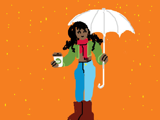 Girl with black hair, a white umbrella, red scarf, blue jeans, brown boots, green coat, red top stands in the rain with a pumpkinspice late