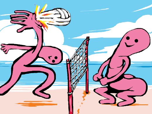 2 people happily playing volley ball, in a good weather.