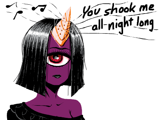 A one-eyed purple monster that plays rock and roll music through the one horn on its head