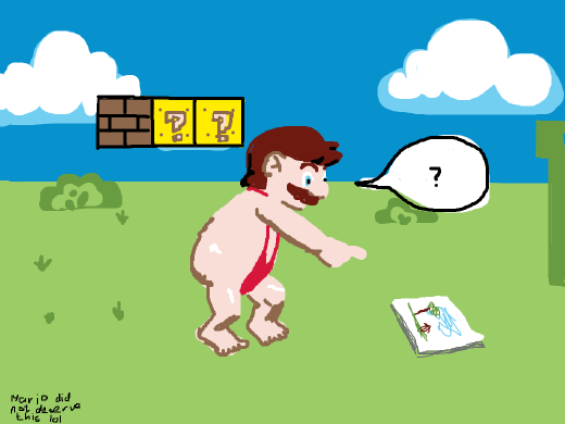 Mario (naked save for his suspender straps) addresses a scribble.