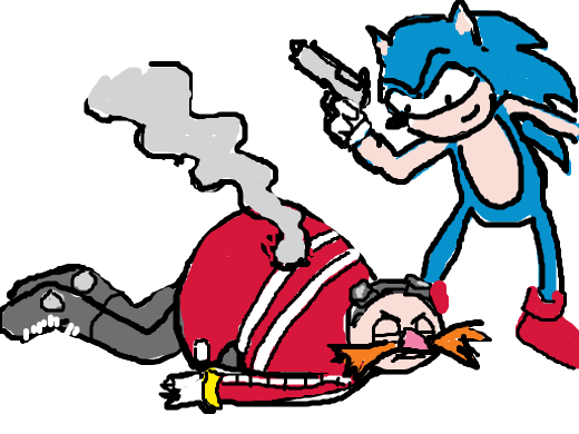 sonic killed eggman with a gun, his life less body is sitting the the corner while sonic looks at him