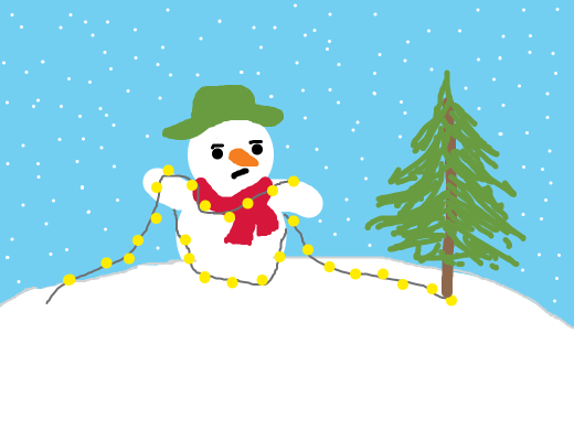 snowman tangled in lights