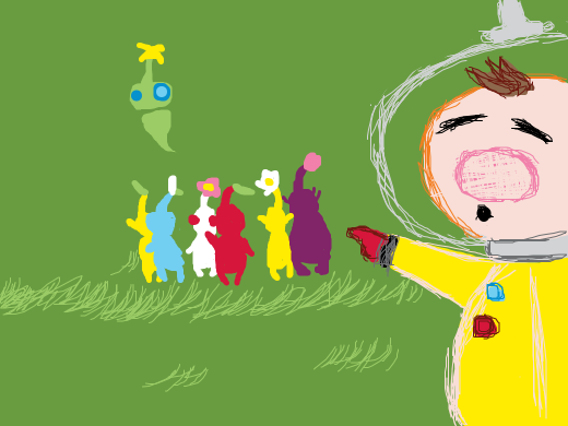 the pikmin guy pointing at a whole big diverse group of pikmin