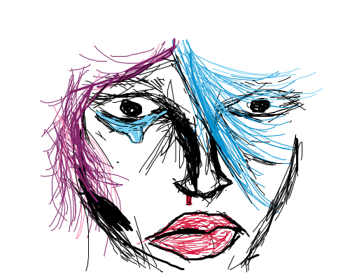 a cute girl in purple dress and pink hat. she has purple and blue hair.