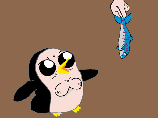 A penguin flashing dem tiddies for some mackerel
