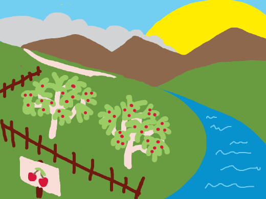 The sun rising over the hills, overlooking a cherry farm next to a river.