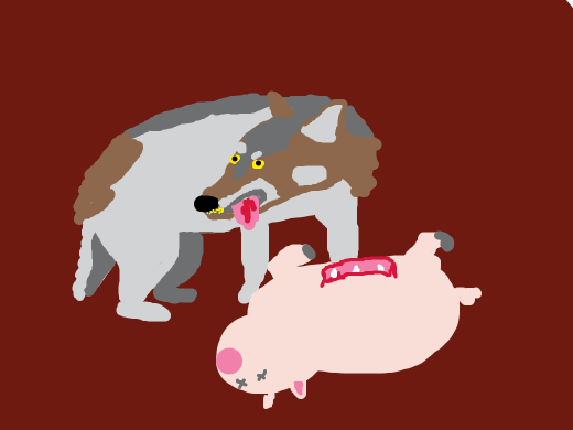 a wolf eating a pig