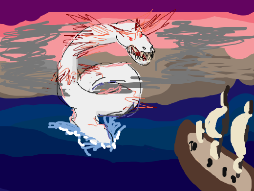 Glowing white sea serpent rears its head out above the ocean waves at sundown & sees a human on the bow of a ship with a harpoon looking up