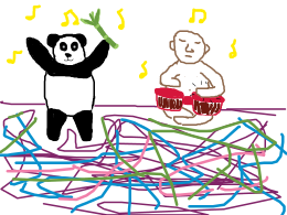 Buddah jamming out on some bongos while panda bears dance to the beat.