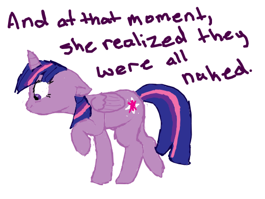 Twilight realizes that nopony wears clothes